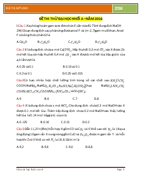 Đề thi thử đại học - Khối a  Năm 2016